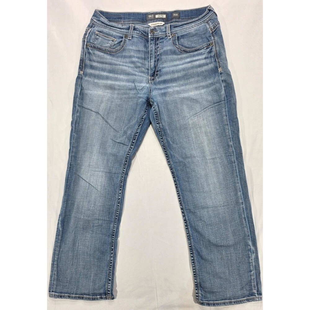 BKE Seth Straight Stretch Jeans Men's 36x31 Relaxed Medium Wash Whiskered Sanded